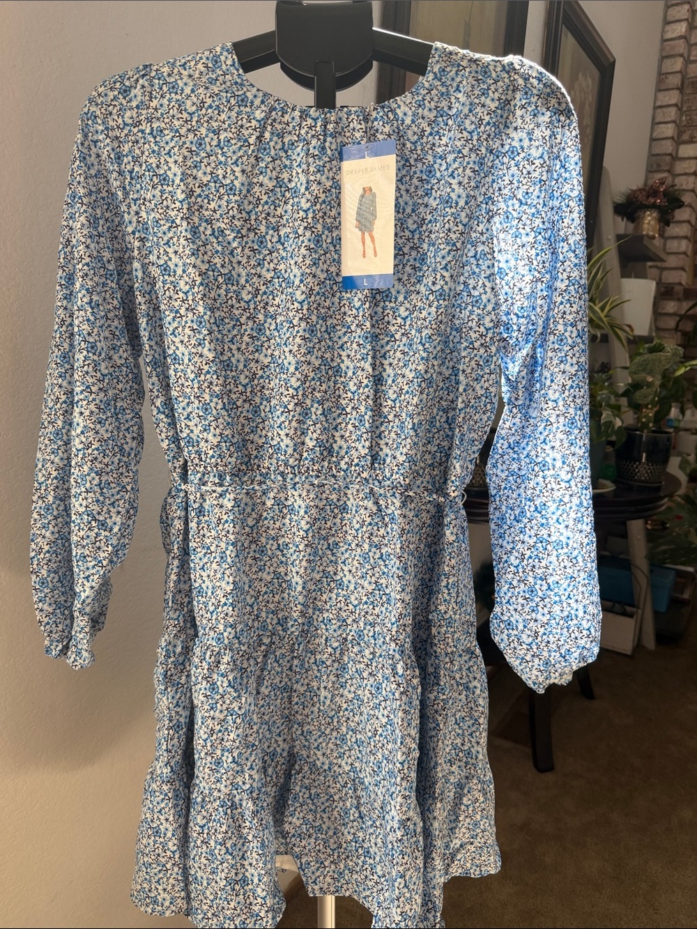 Draper James White and BlueFloral Long-Sleeve  Dress with Pink & Red Accents